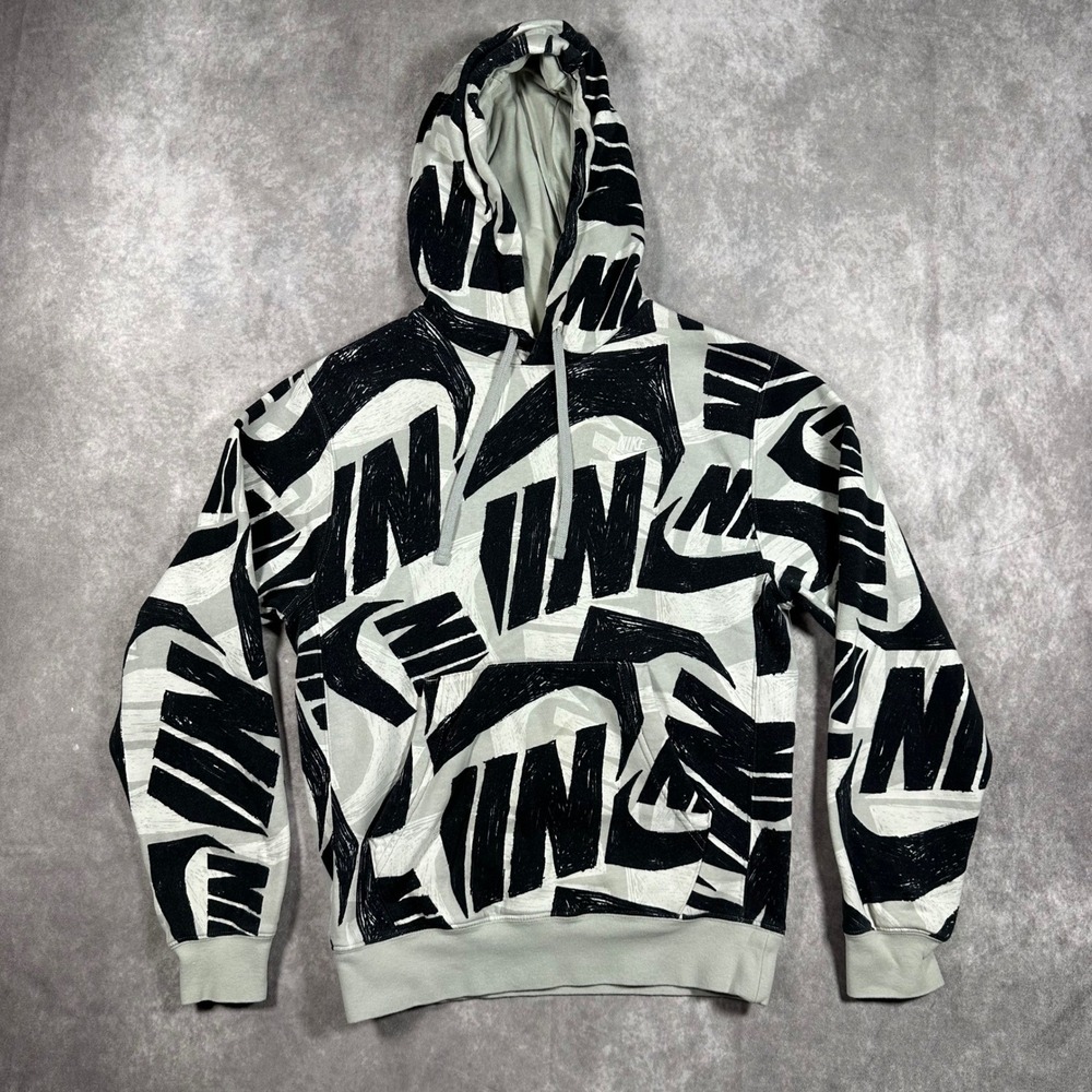 Nike Sportswear Club All Over Print Futura Scribble Hoodie Grey Black White XS